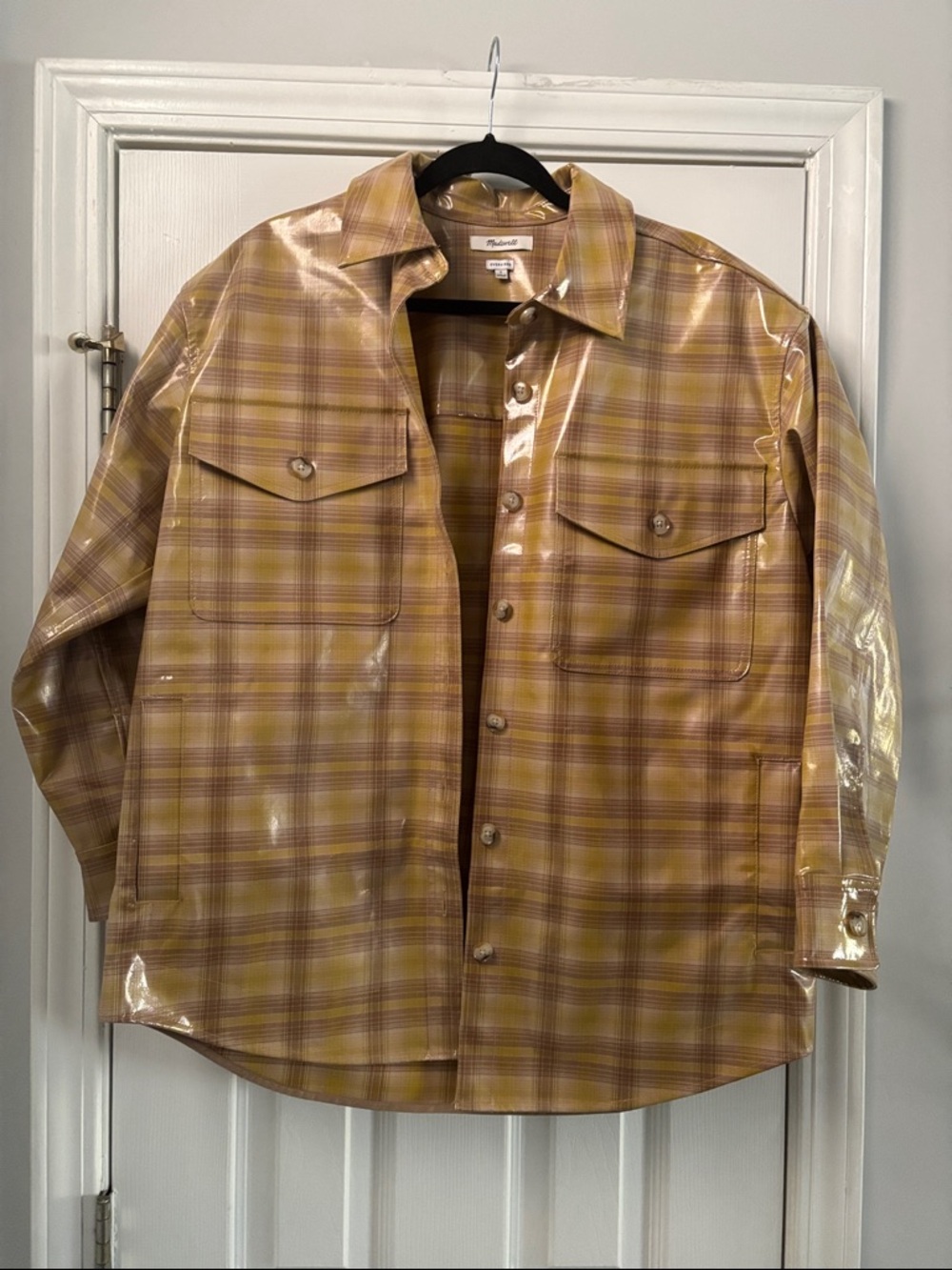 Madewell oversized Yellow Plaid Vinyl-Coated Shirt Jacket